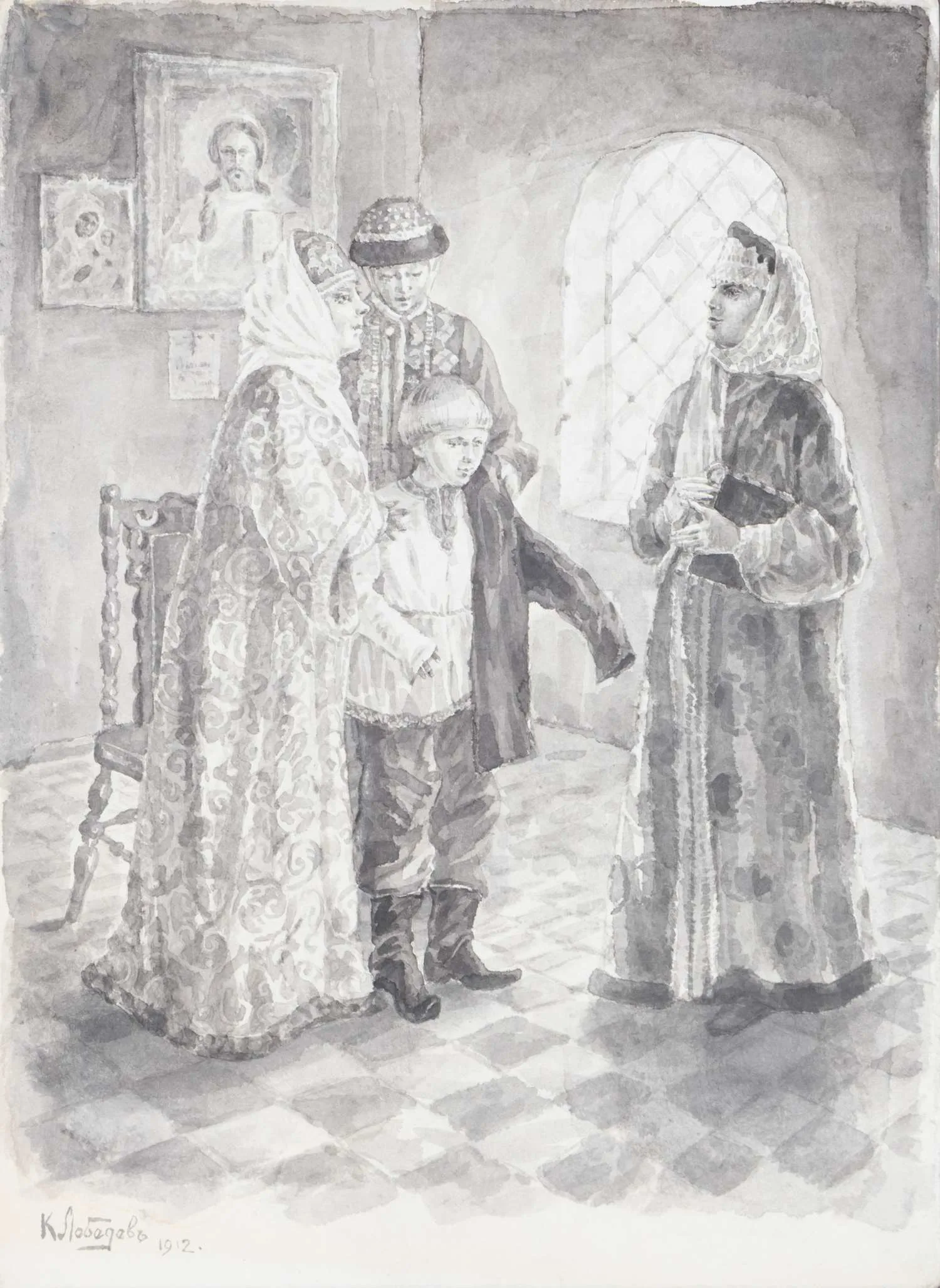 Лебедев Клавдий. Одевание отрока. 1912.