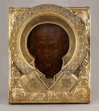 Икона «Николай Чудотворец» в серебряном окладе. Россия, Санкт-Петербург, мастер-монограммист «ЕГП», 1896.
