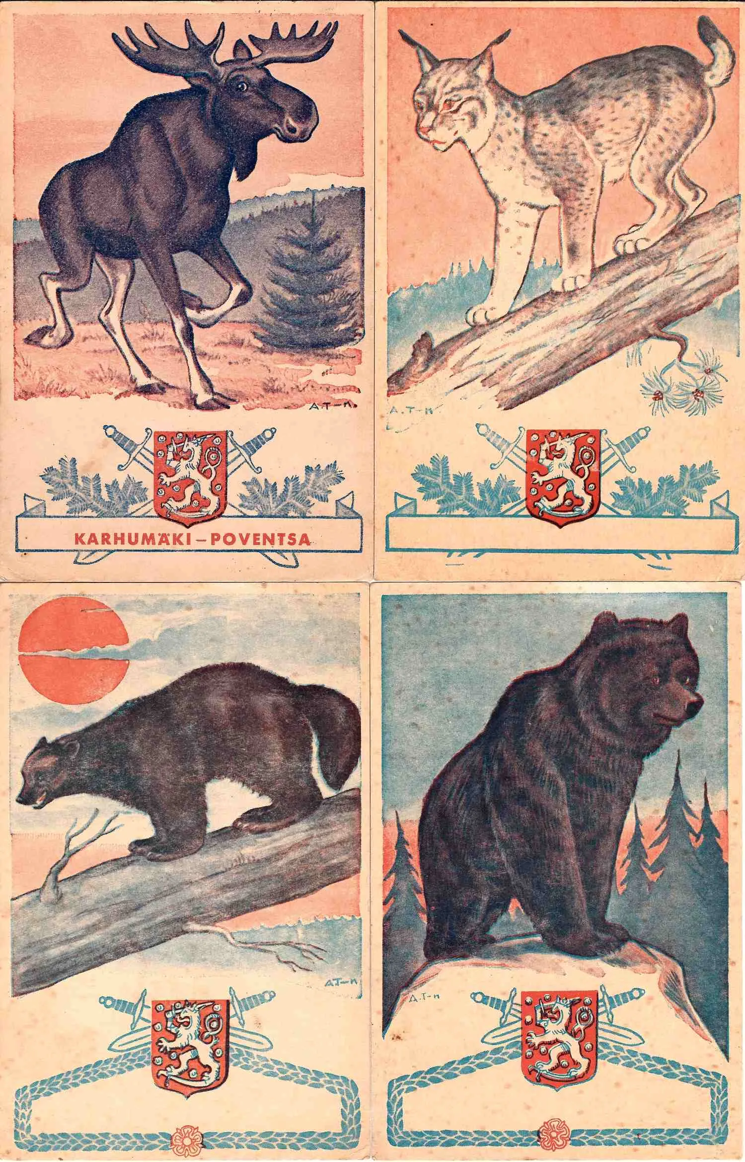 Финляндия. 4 открытки «Памятники», 5 открыток «Звери». 1920-е - 1930-е годы.