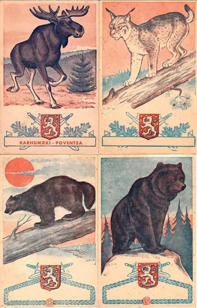 Финляндия. 4 открытки «Памятники», 5 открыток «Звери». 1920-е - 1930-е годы.