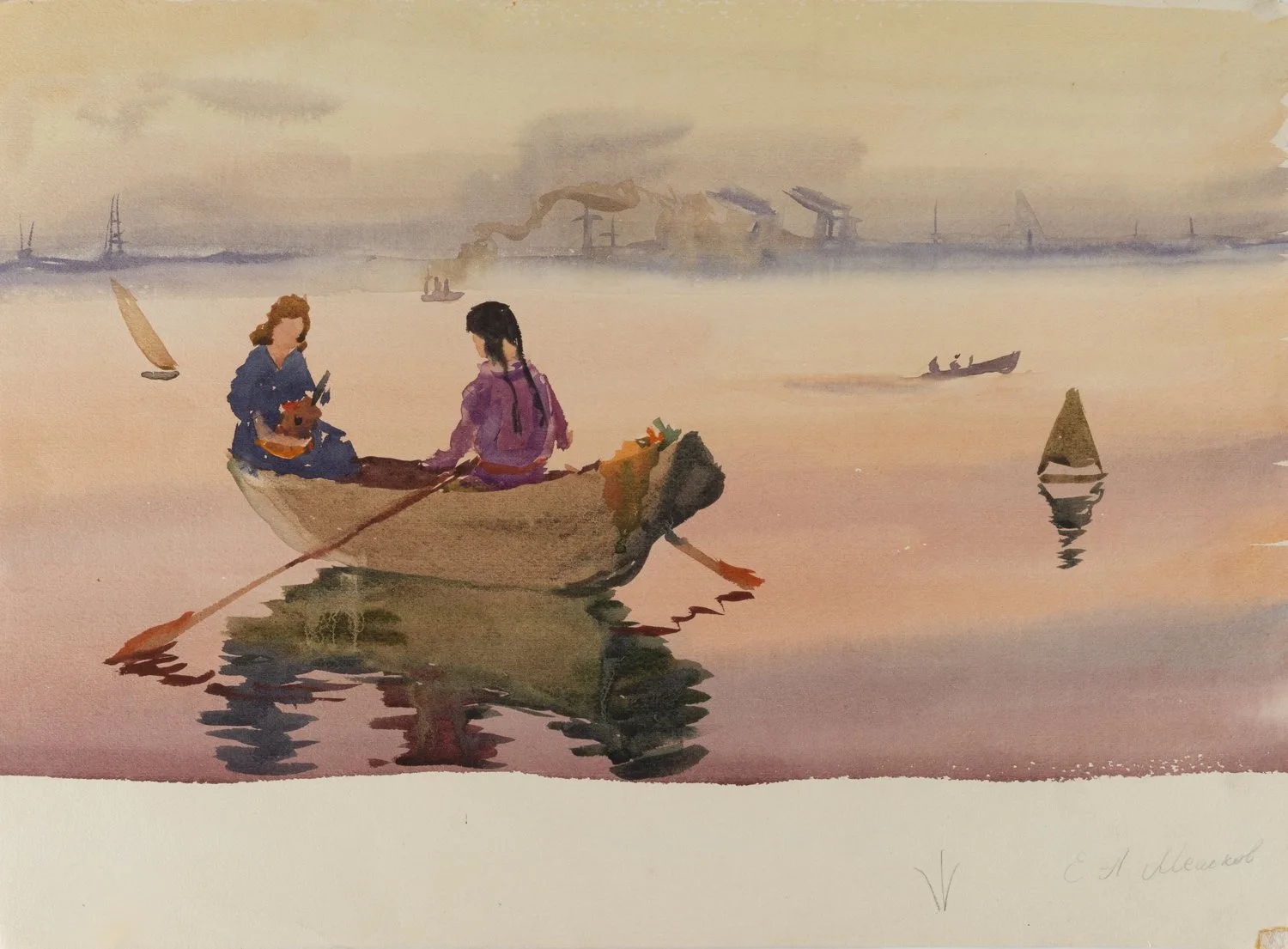 Мешков Евгений Алексеевич. На лодке. 1950-е.
