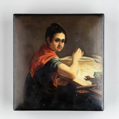 Шкатулка «Злотошвейка (по картине В.А. Тропинина)». СССР, Федоскино, художник Кульгавов В.С., 1953.