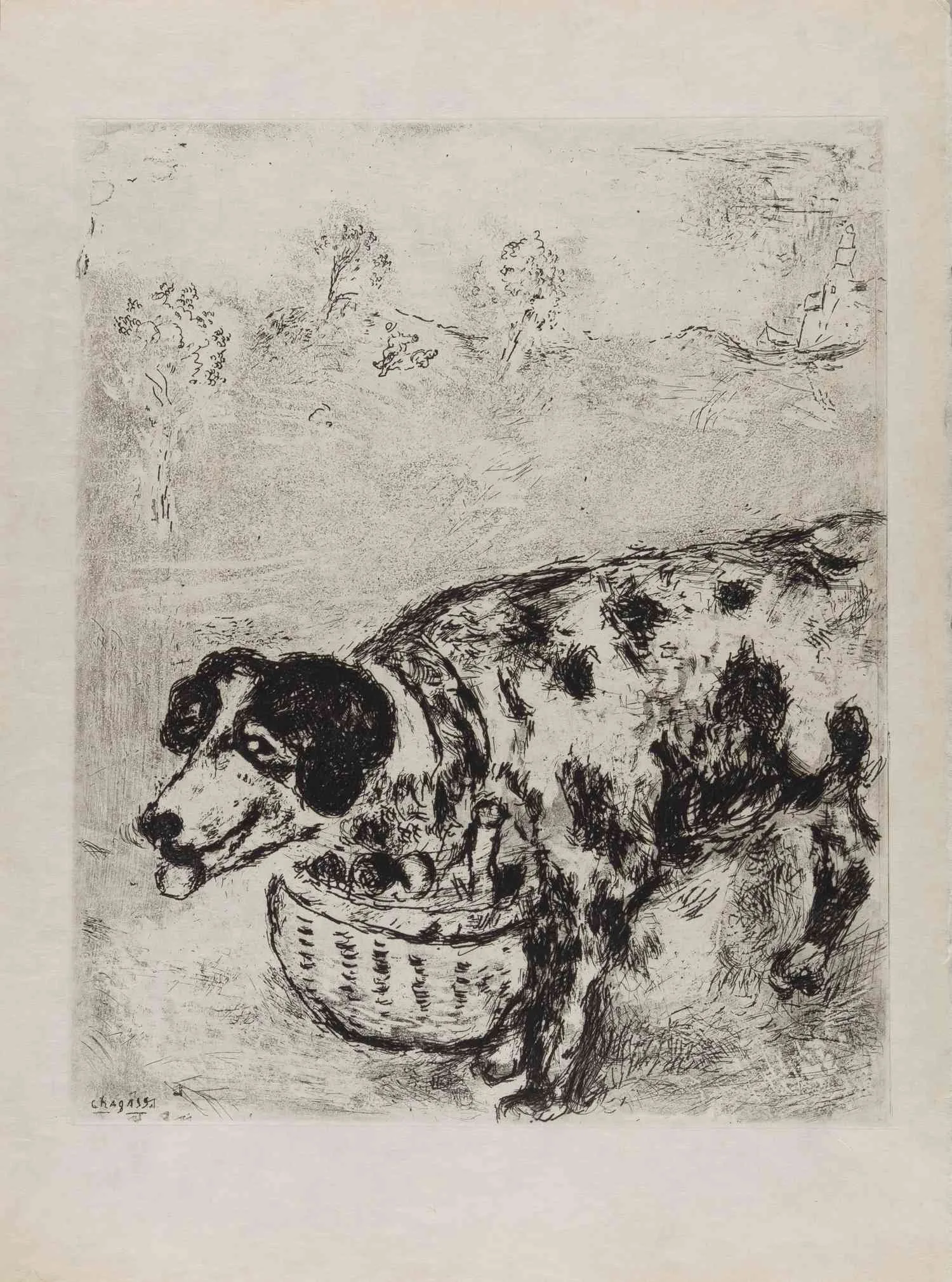 Шагал Марк Захарович. Собака с хозяйским обедом. 1927. Иллюстрация к басне Жана де Лафонтена.