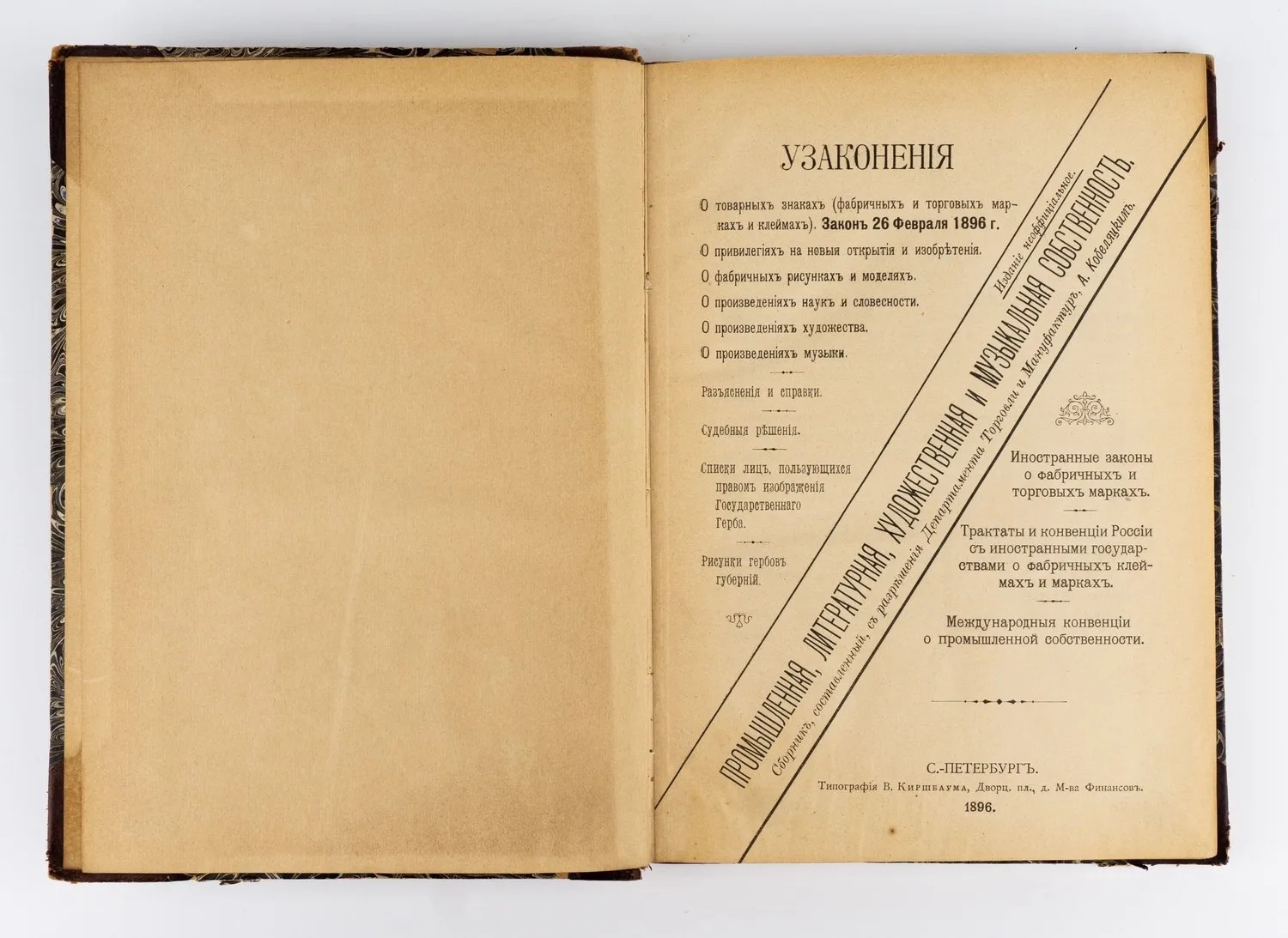 (Издание неофициальное) Кобеляцкий А. Промышленная, литературная, художественная и музыкальная собственность: Сборник, составленный с разрешения Деп. торг. и мануфактур А. Кобеляцким: Узаконения о товарных знаках (фабричных и торговых марках и клеймах). Закон 26 февраля 1896 г., о привилегиях на новые открытия и изобретения, о фабричных рисунках и моделях, о произведениях наук и словесности и мн.др.