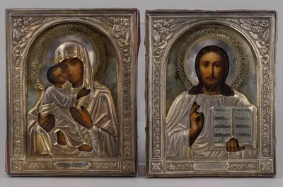 Иконы парные в серебряных окладах «Господь Вседержитель» и «Богоматерь Владимирская». Россия, Москва, мастер Дмитрий Горбунов, 1896 г.