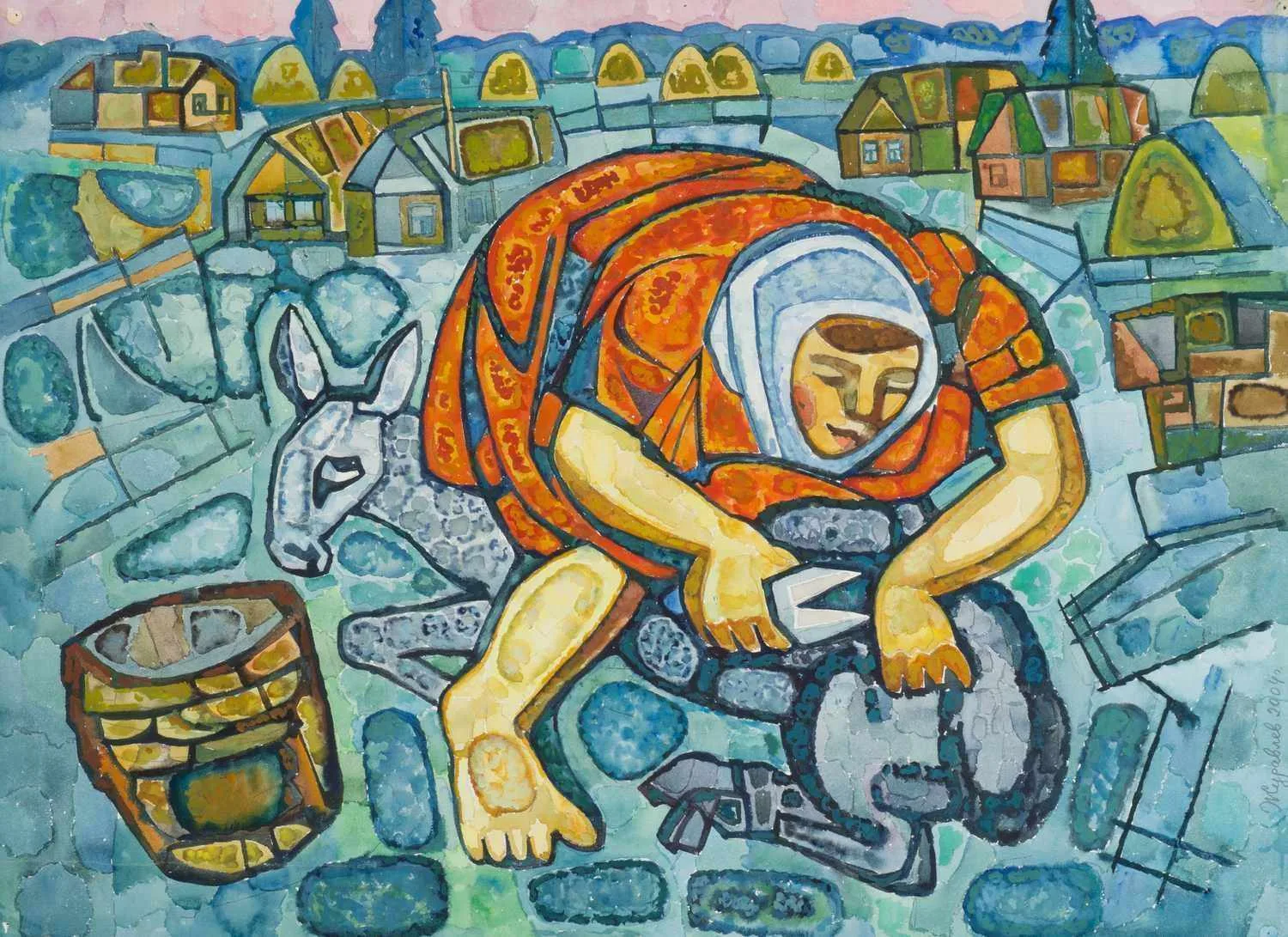 Журавлёв Дмитрий Власович. Стригут овцу в деревне. Нижний Новгород. 2004.