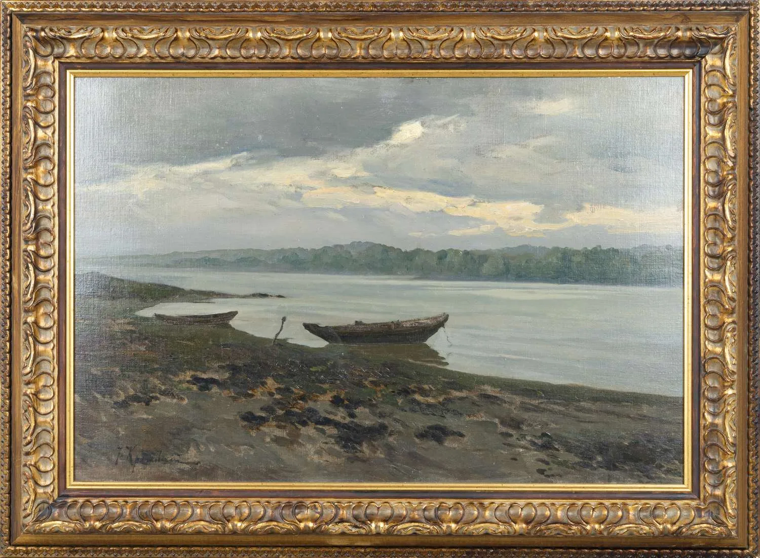 Крачковский Иосиф Евстафьевич. Пейзаж с рекой и лодками. 1890-е годы.