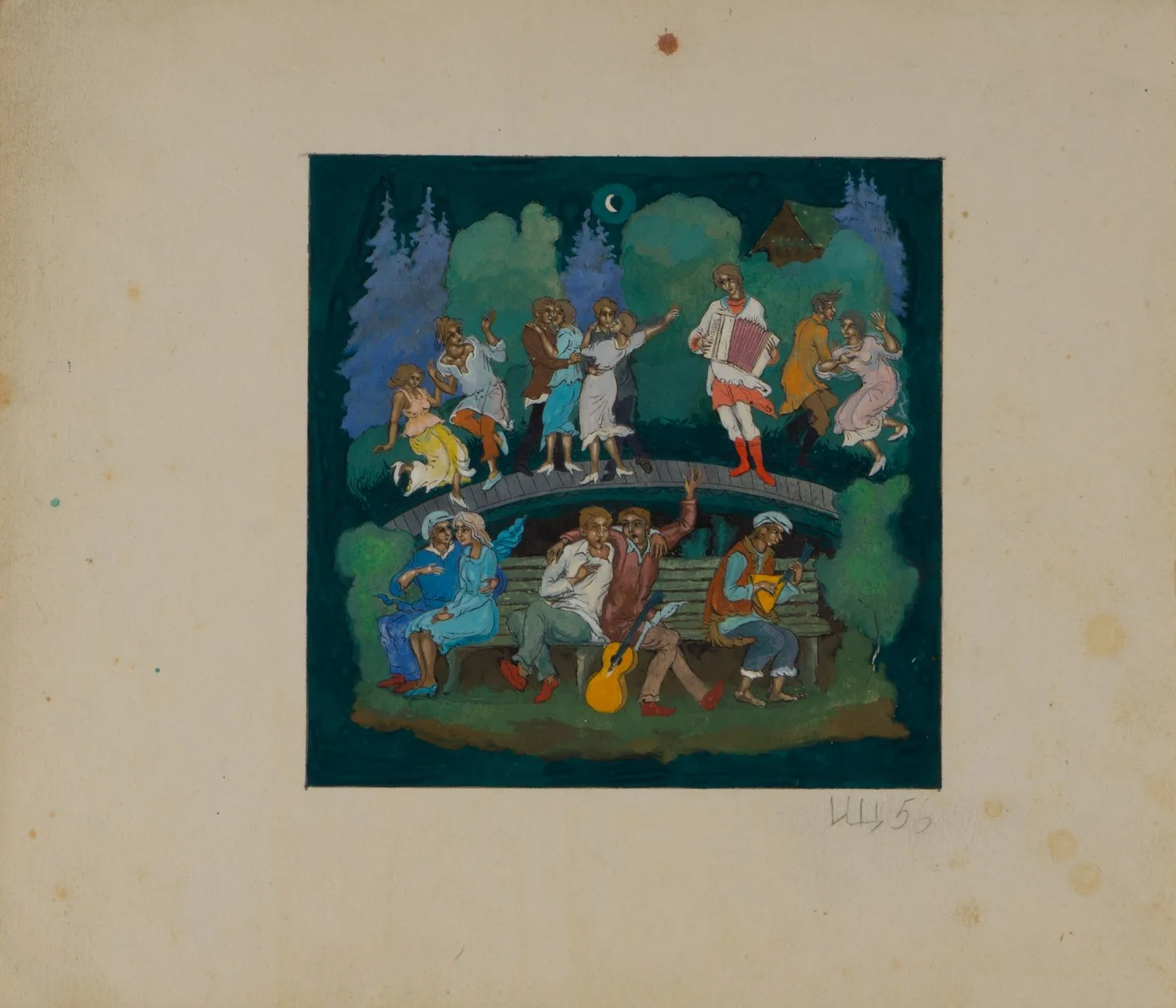 Щукин Иван Егорович. Эскиз для шкатулки. Праздник в деревне. 1956.