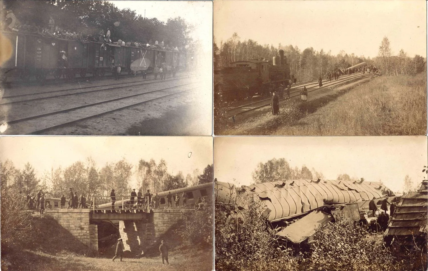 4 фотографии (на бланке открытки) «Поезд», «Крушение поезда». 1910-е годы.