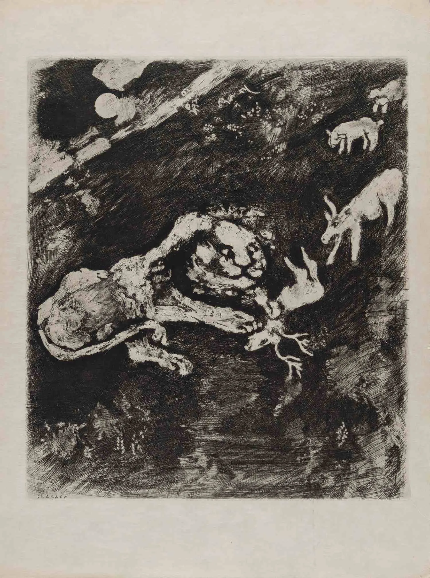 Шагал Марк Захарович. Теленок, коза, овца и лев. 1927. Иллюстрация к басне Жана де Лафонтена.
