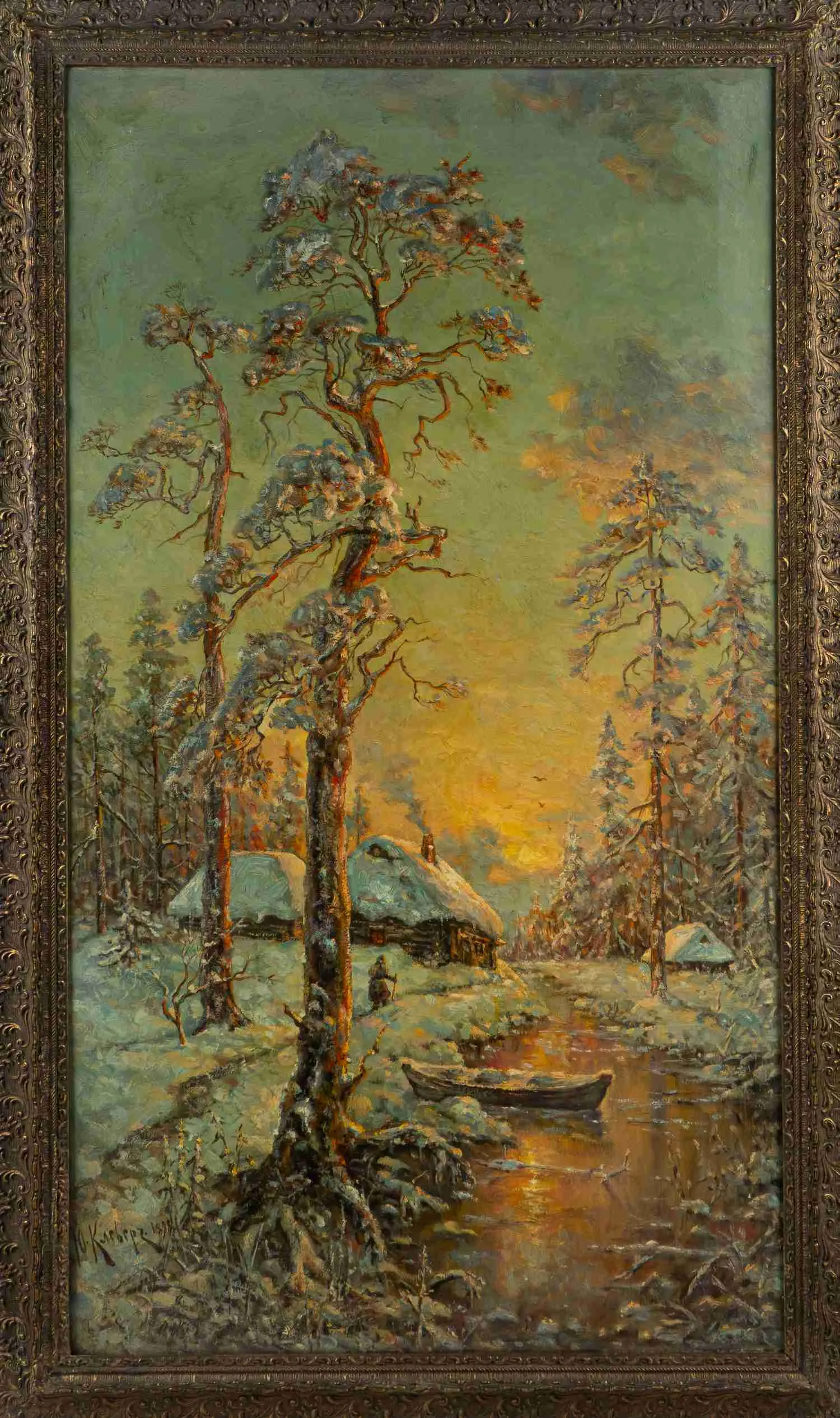 Юлий Юльевич Клевер (по подписи). Зимний пейзаж с избой и лодкой. 1898.