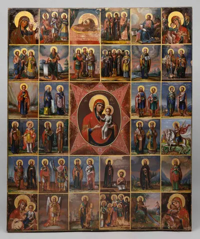 Икона «Неопалимая Купина» с четырьмя образами Богоматери и с избранными святыми. Россия, 1881.
