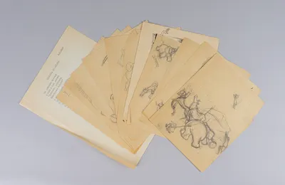 (Ученик А.В. Лентулова, соавтор С.М. Эйзенштейна). Никитин Леонид Александрович. 11 эскизов иллюстраций к стихотворению Юрия Робертовича Ланга «Звериный кооператив». Машинопись стихотворения Юрия Робертовича Ланга «Звериный кооператив». 1938.
