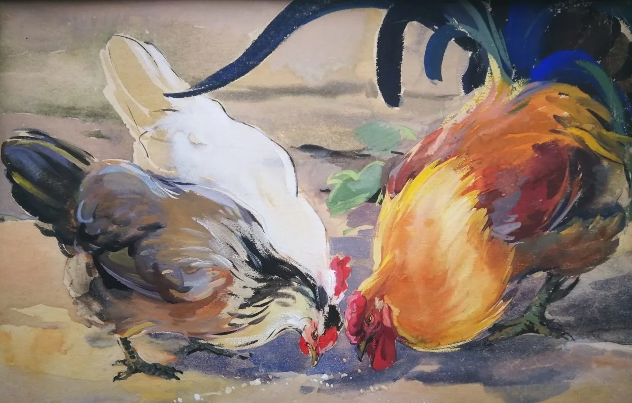 Алексеев М.Ю., Строганова Н.С. Эскиз иллюстрации ""Петух и курицы"". 1950-е годы.