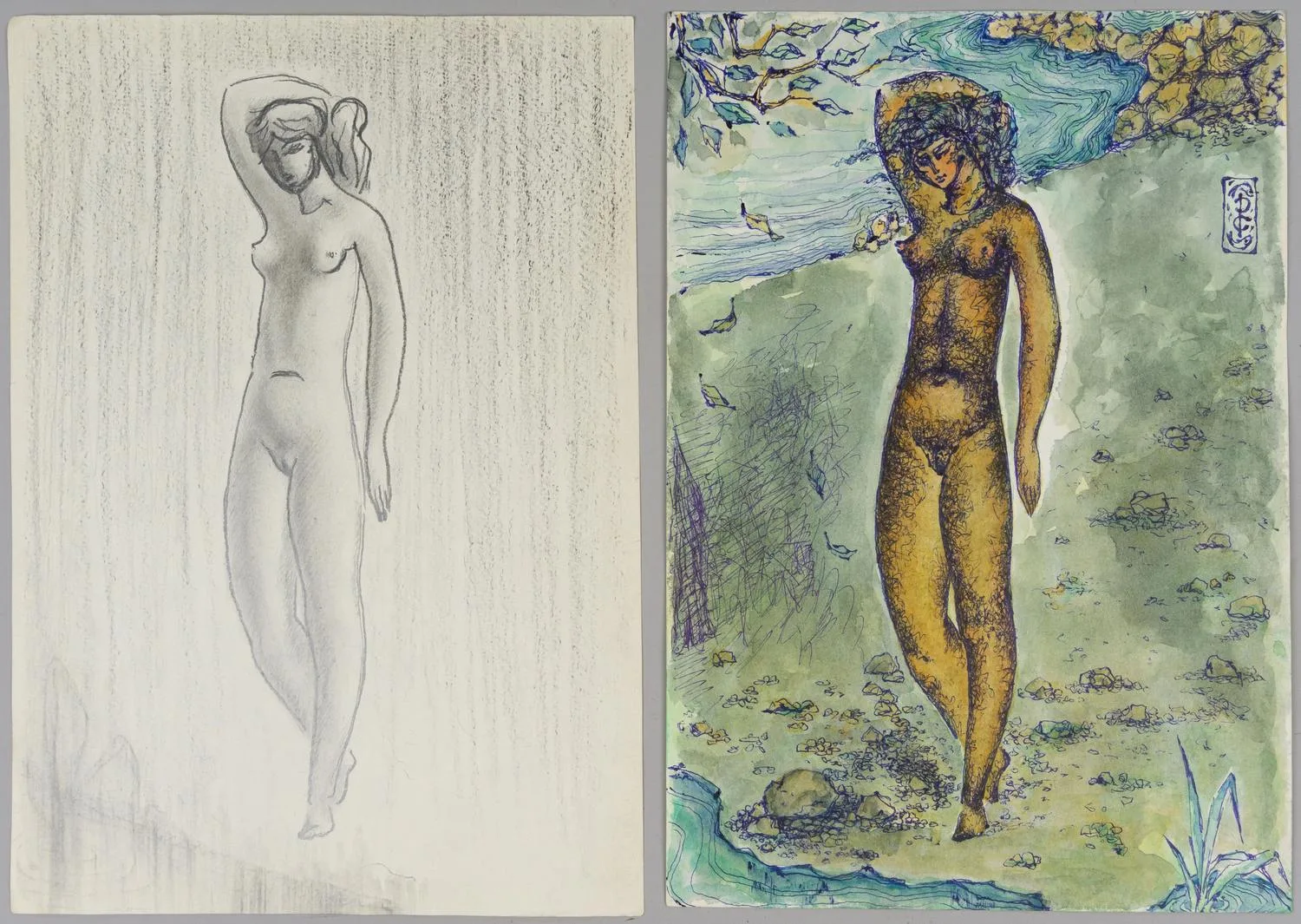 Рябов С. Нимфа у воды. Рисунок и эскиз. 1980-е годы.