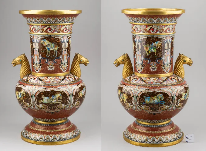 (Экспертиза) Ваза (46см) в технике клуазоне «Танские кони». Китай, 1920–1930-е годы.