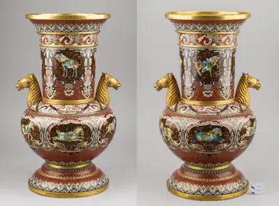 (Экспертиза) Ваза (46см) в технике клуазоне «Танские кони». Китай, 1920–1930-е годы.