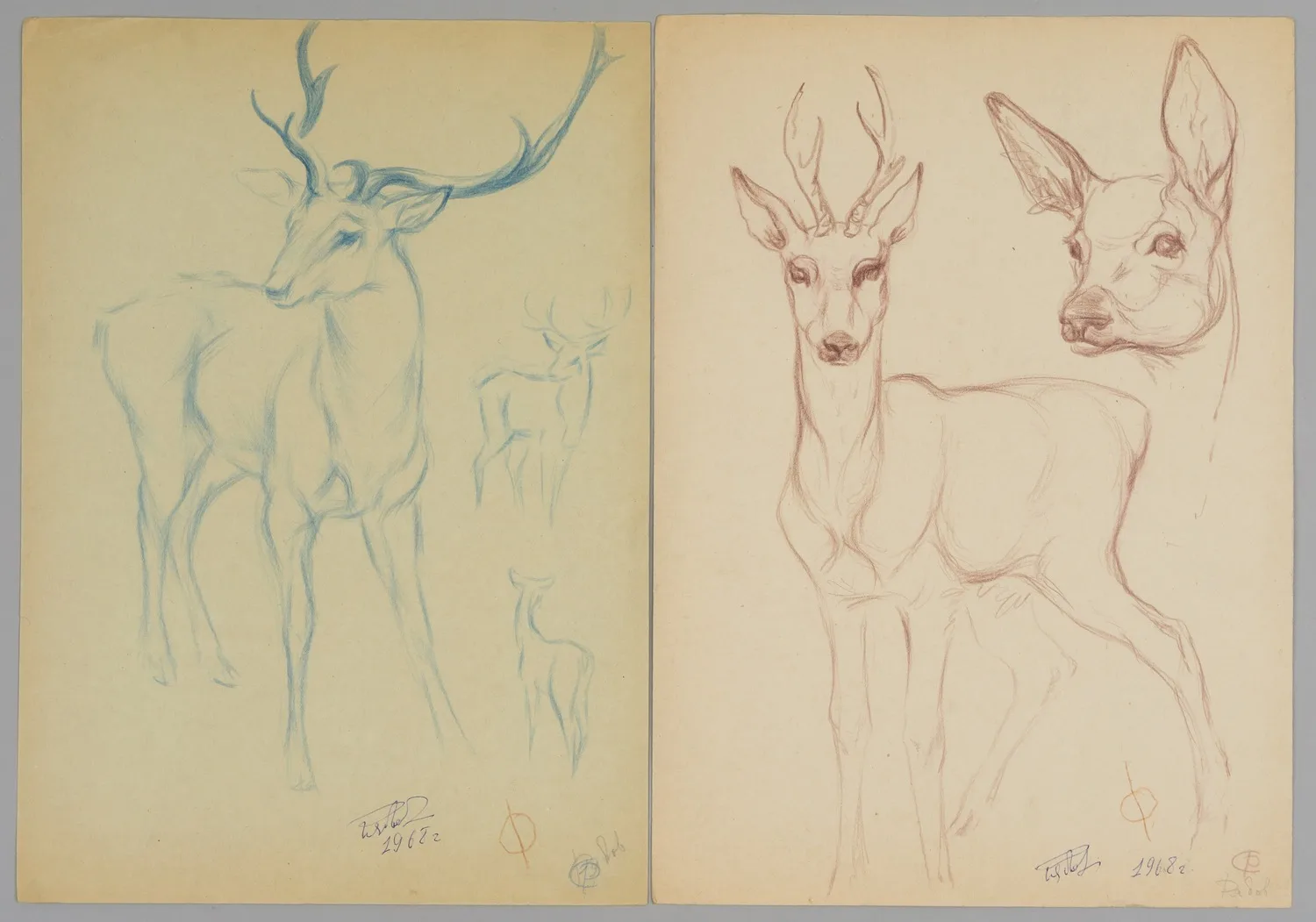 Рябов С. Парные эскизы оленей. 1968.
