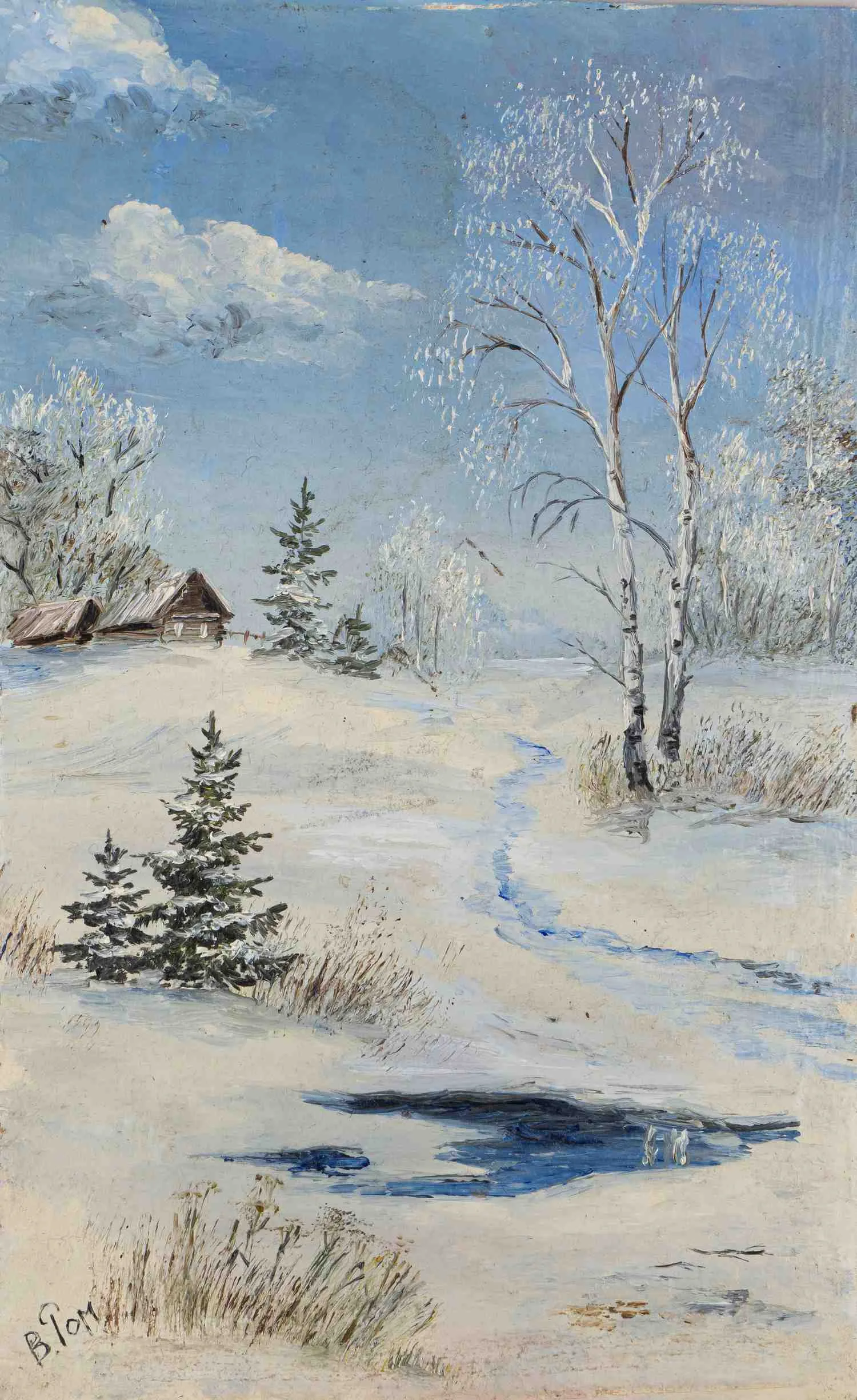 Неизвестный художник. (В. Ромашина по подписи) Зимний пейзаж, 1997 год.