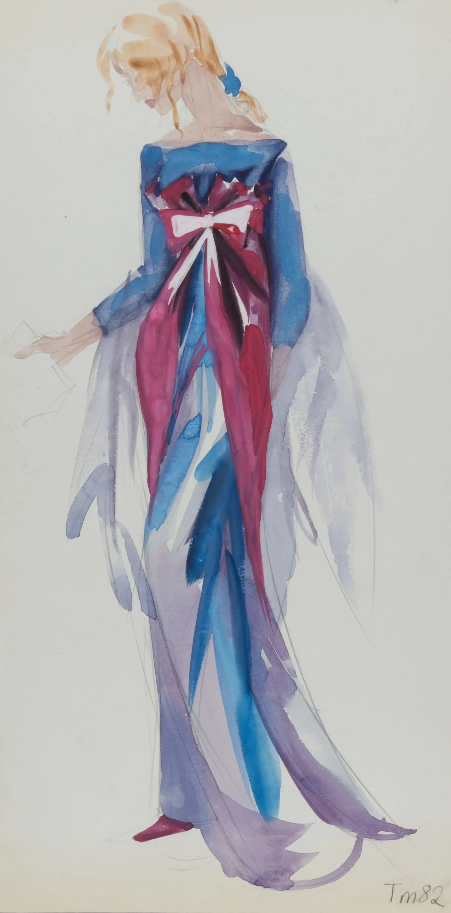 Турова Марина. Эскиз девушки в платье с розовым бантом. 1982.
