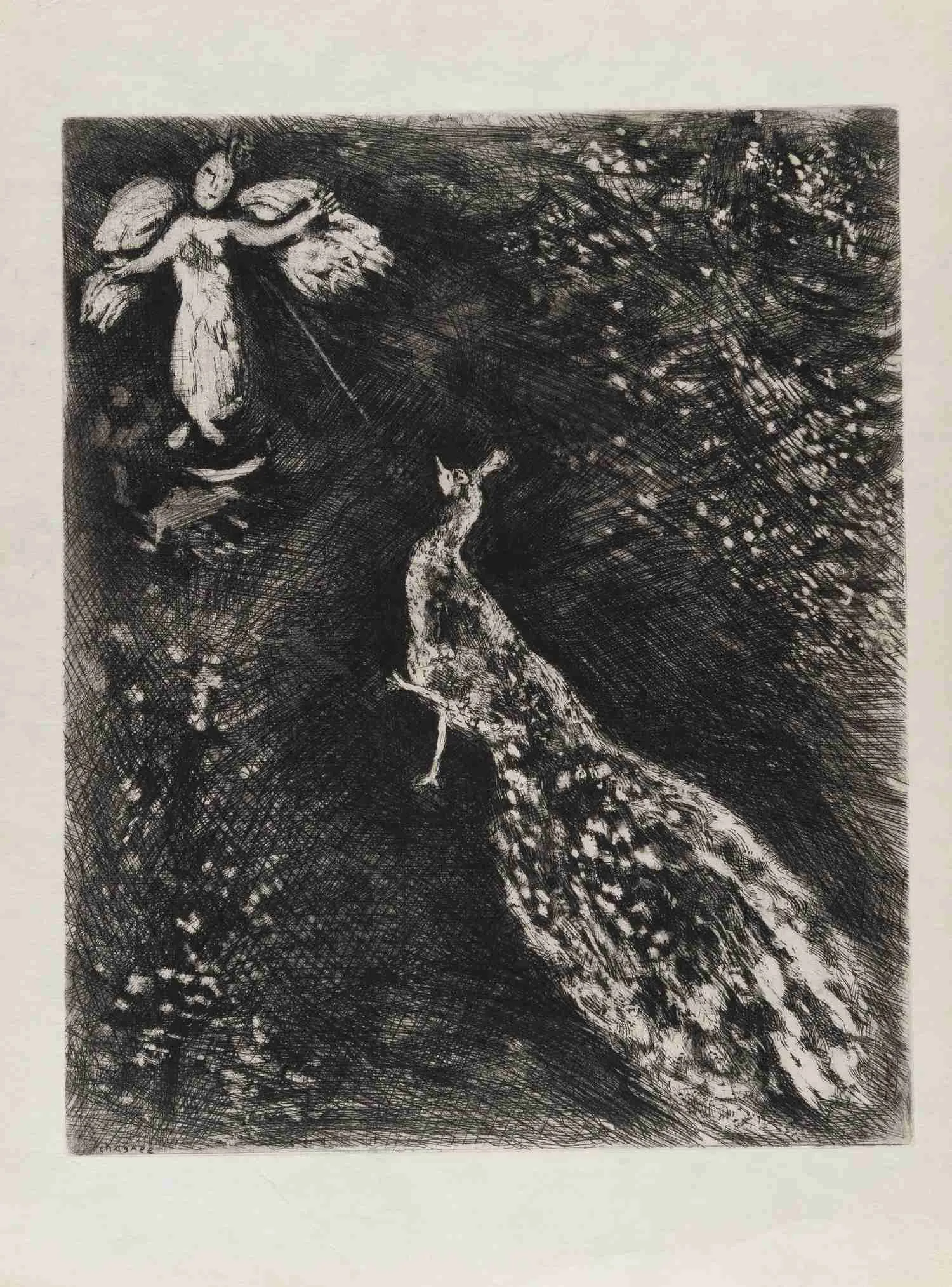 Шагал Марк Захарович. Павлин, жалующийся Юноне. 1927. Иллюстрация к басне Жана де Лафонтена.